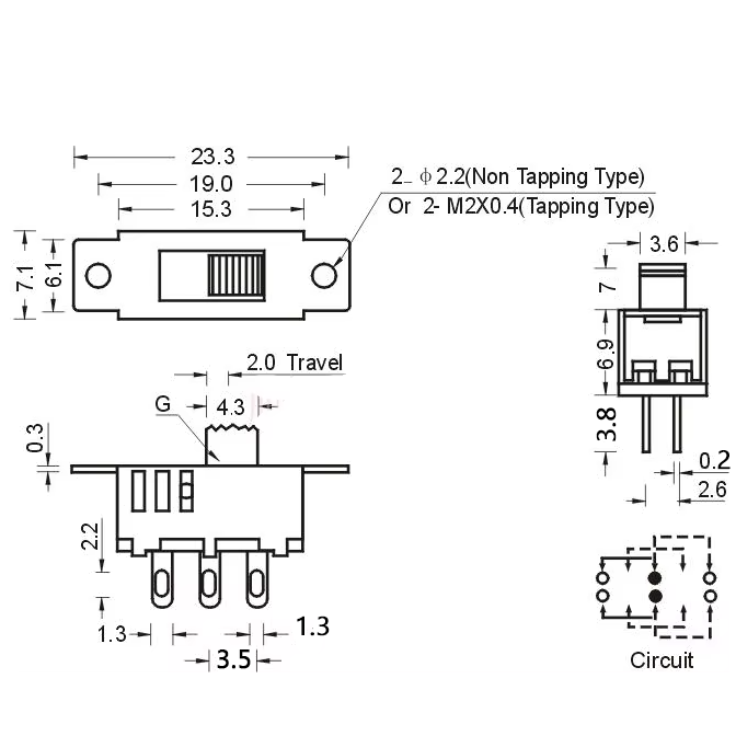 Miniature ON-OFF-ON Slide Switch DPDT 3 Position 6 Pin