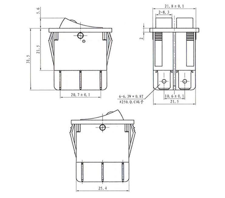 Dual SPST ON/OFF Switch (16A/250V) 6Pin - KCD8-212N