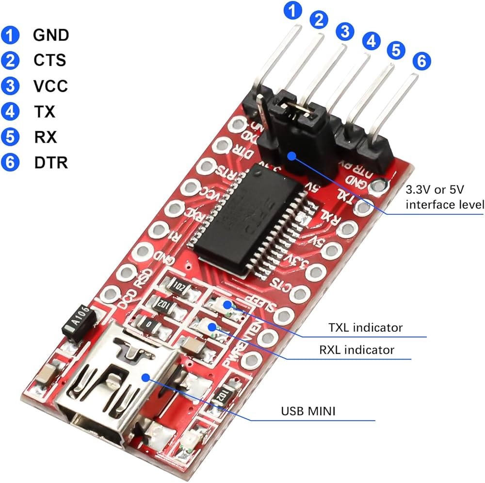USB mini to TTL FTDI Board Module FT232RL Switchable 3.3V/5V - Red Board