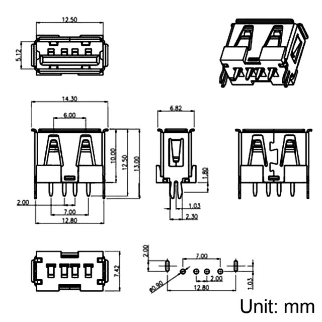 Female USB Connector Type A (Vertical 180°) - DIP (Short)