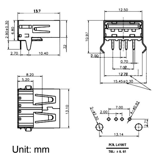 Female USB Connector on PCB Type A - DIP (4Pin)