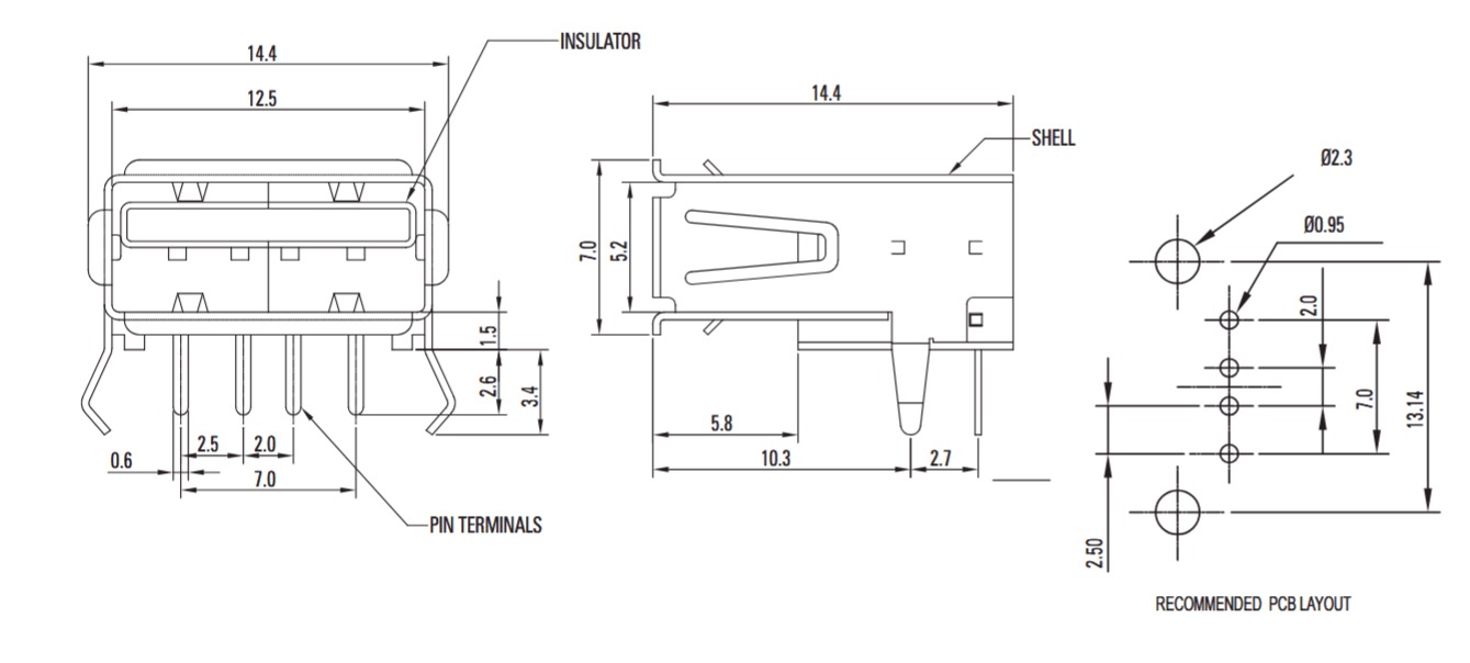 Female USB Connector Type A - Dip Short
