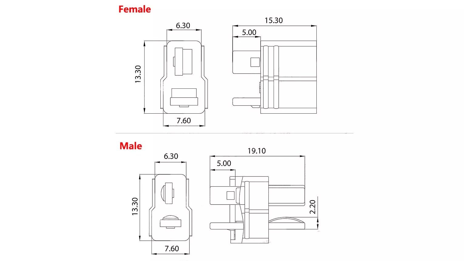 T Plug Battery Connector Male Female Set 2 Pin For Battery