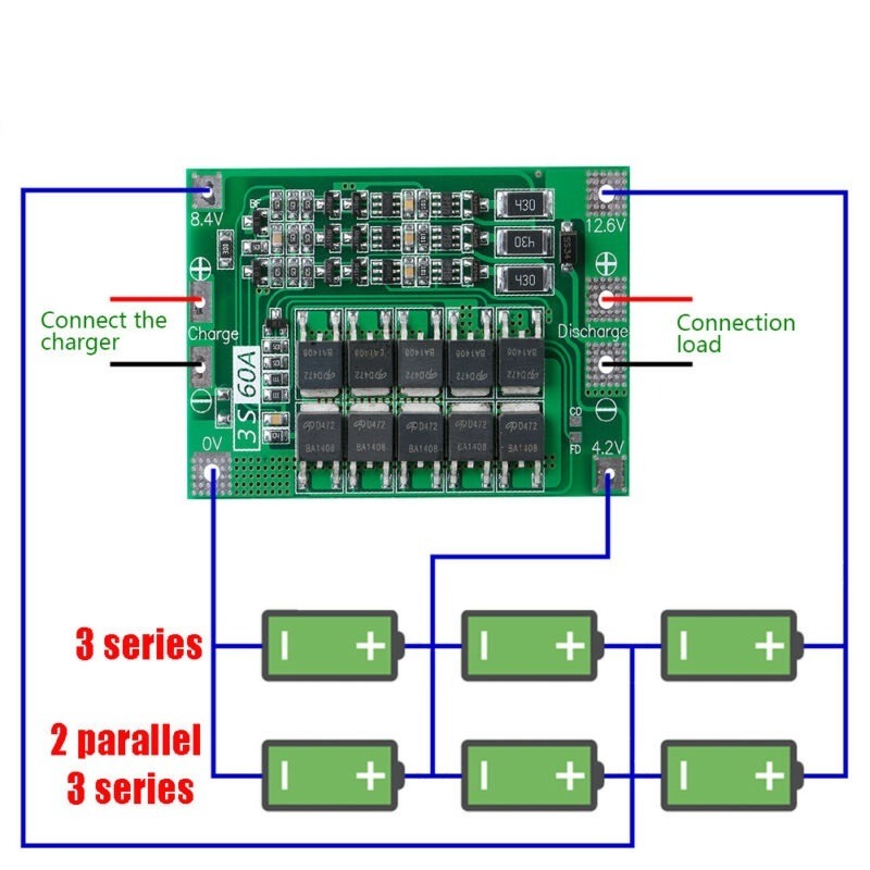 BMS 3S (12.6V - 60A) Lithium Battery Protection Module (Enhanced Version)
