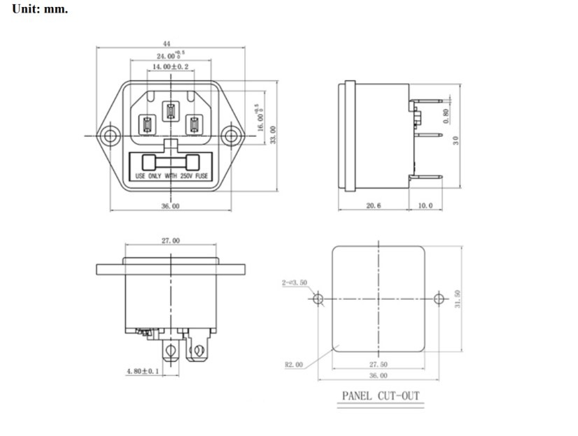 AC Power Socket 3Pins Plug Male Connector With Fuse – Panel Mount (AC-03)