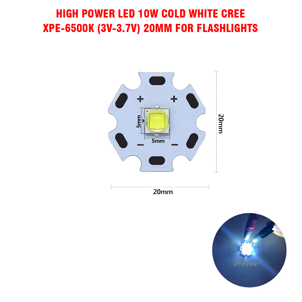 High Power LED 10W Cold White CREE XPE-6500K (3V-3.7V) 20mm For Flashlights
