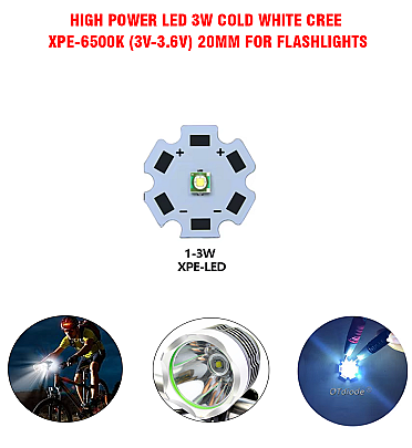 High Power LED 3W Cold White CREE XPE-6500K (3V-3.6V) 20mm For Flashlights