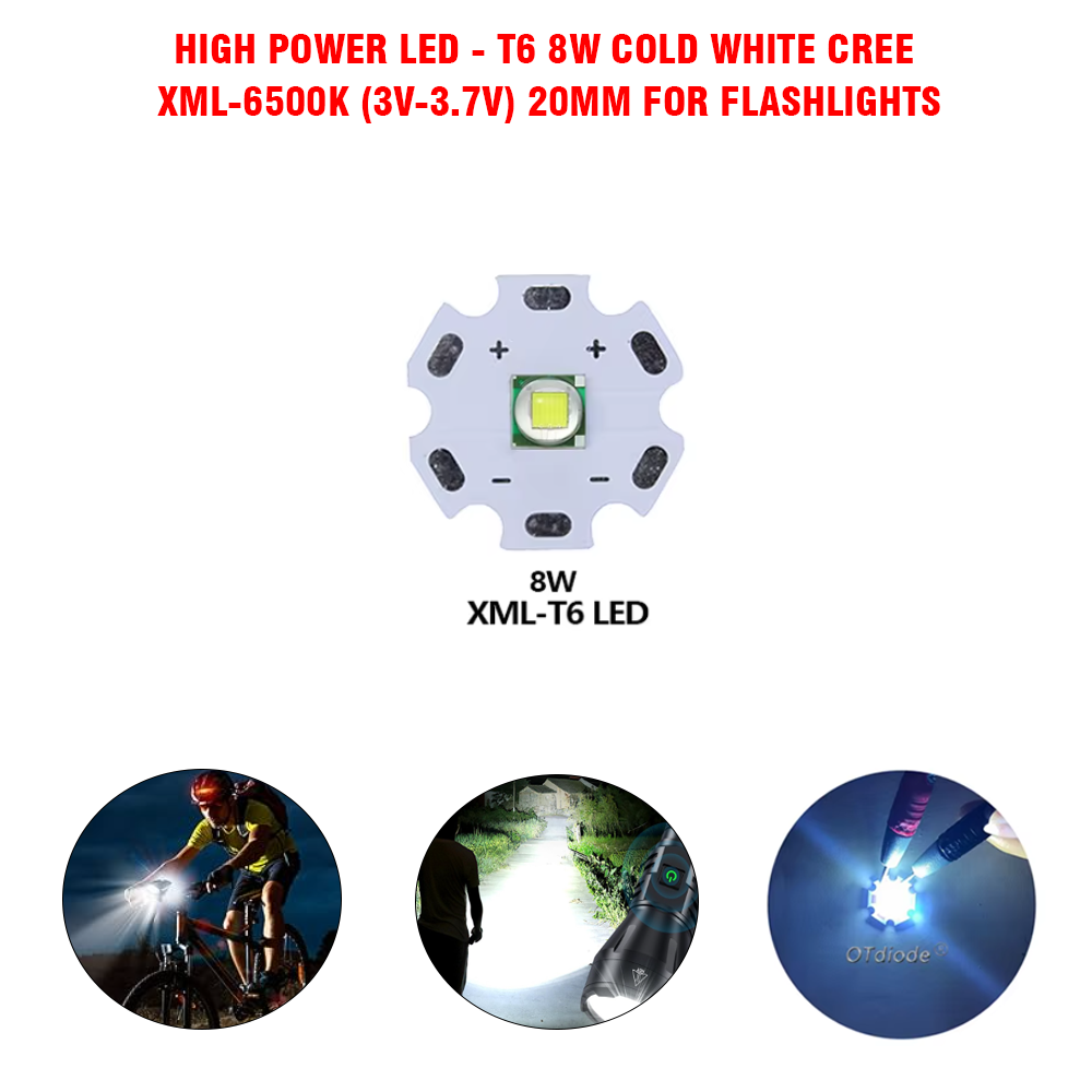 High Power LED - T6 (8W) Cold White CREE XML-6500K (3V-3.7V) 20mm For Flashlights