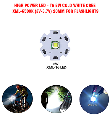 High Power LED - T6 (8W) Cold White CREE XML-6500K (3V-3.7V) 20mm For Flashlights