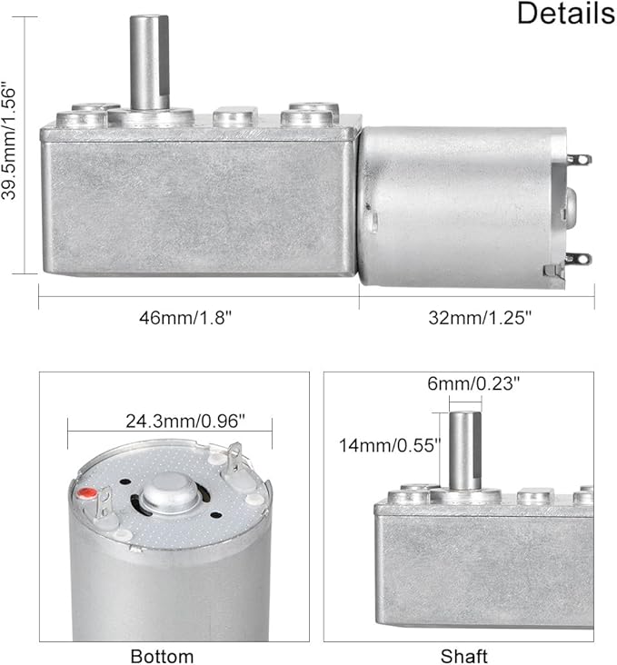 Worm Gear DC Motor for miniature Winches (60RPM - 12V) High Torque Reduction Gearbox