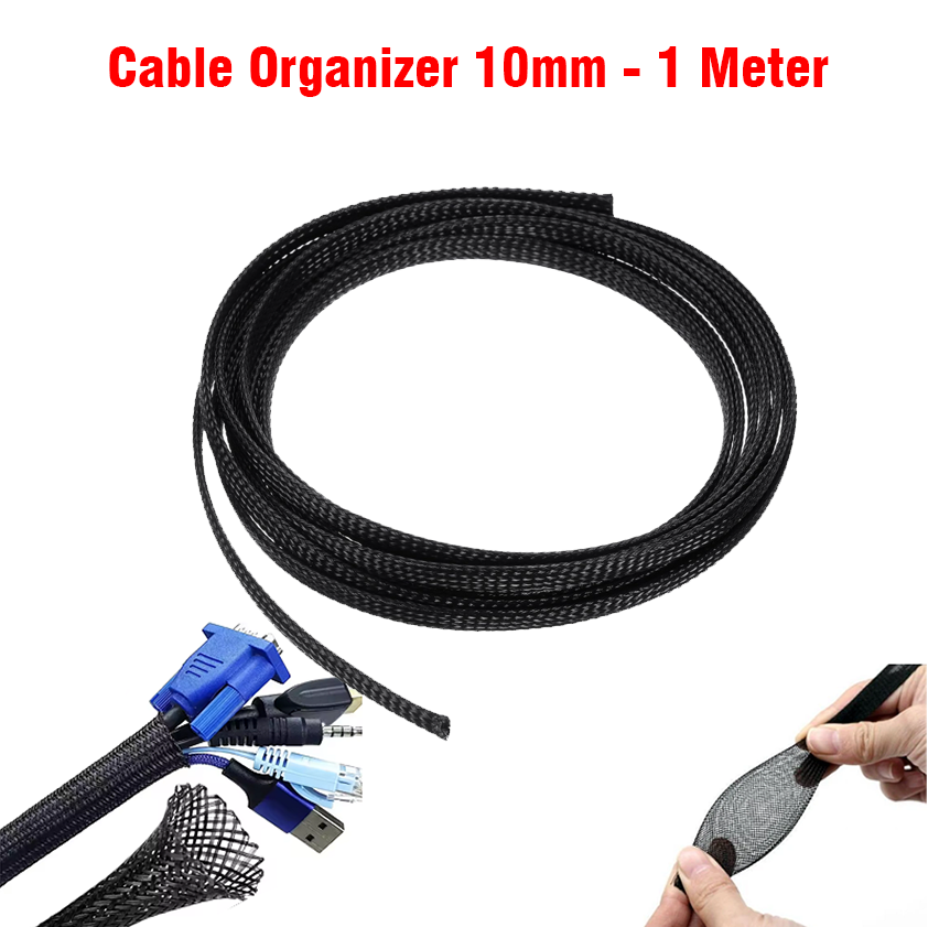 Cable Organizer (10mm) - 1meter Expandable Braided PET Black Cable Sleeve For Wires