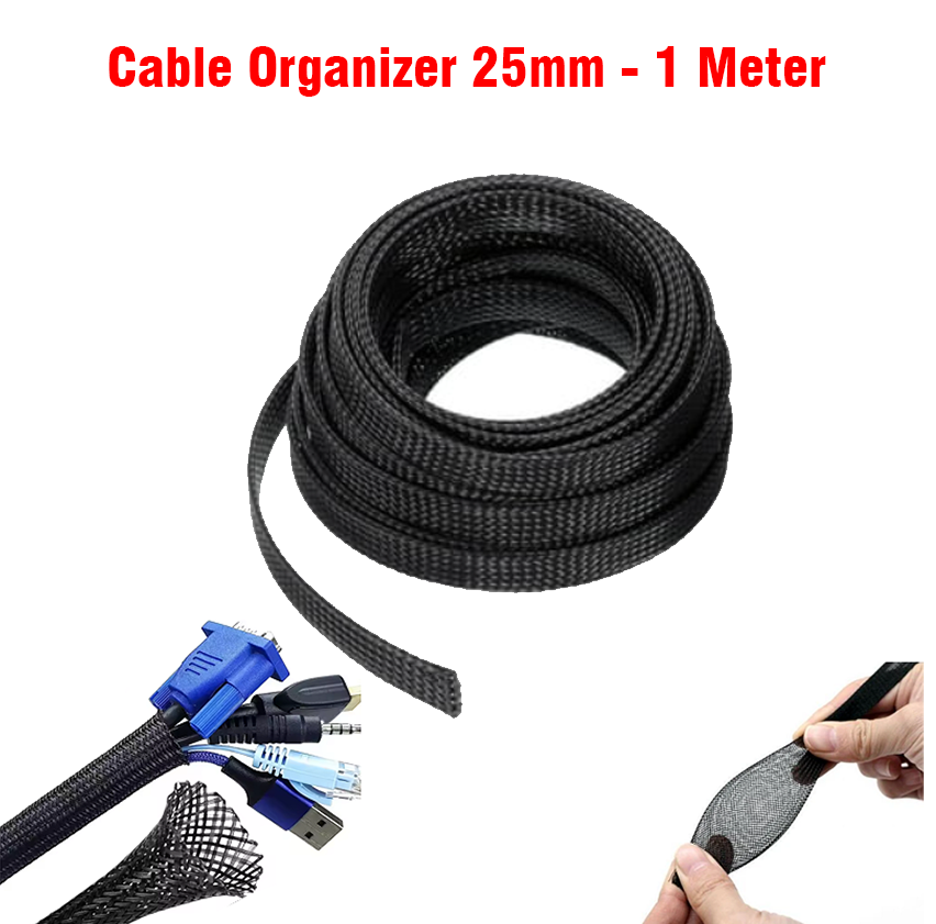 Cable Organizer (25mm) - 1meter Expandable Braided PET Black Cable Sleeve For Wires