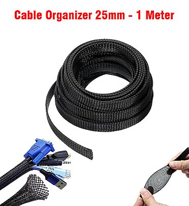 Cable Organizer (25mm) - 1meter Expandable Braided PET Black Cable Sleeve For Wires