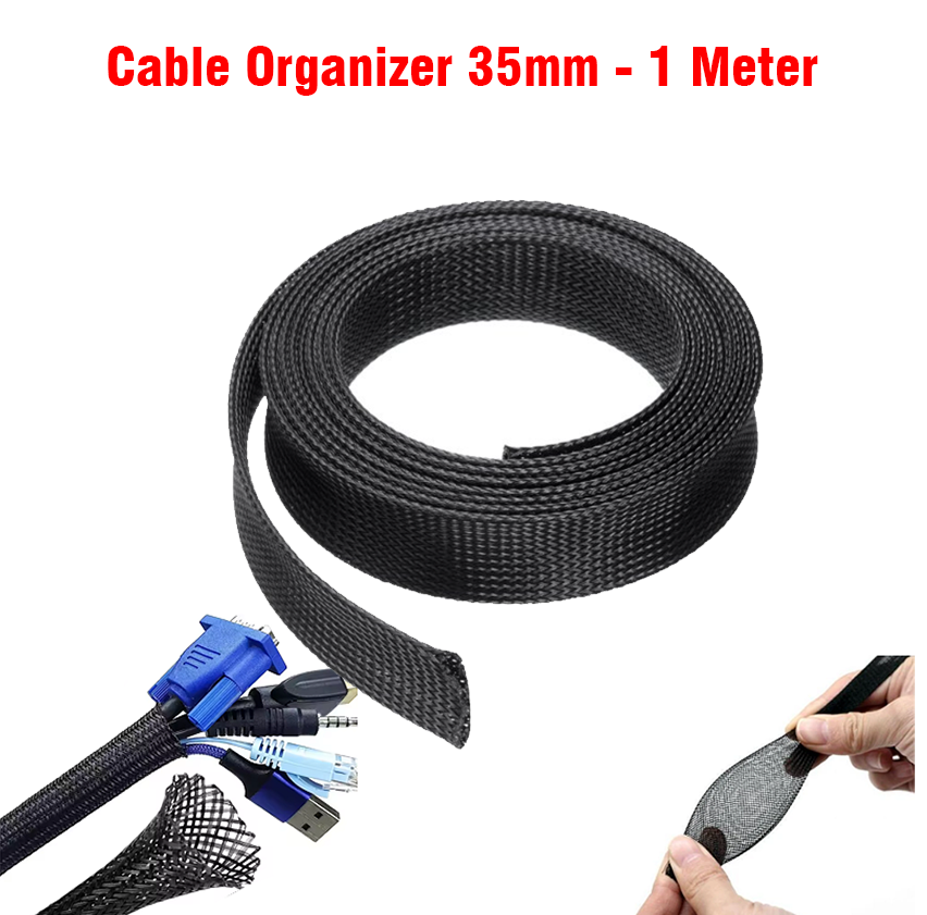 Cable Organizer (35mm) - 1meter Expandable Braided PET Black Cable Sleeve For Wires