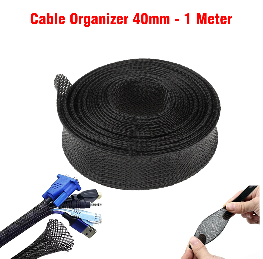 Cable Organizer (40mm) - 1meter Expandable Braided PET Black Cable Sleeve For Wires