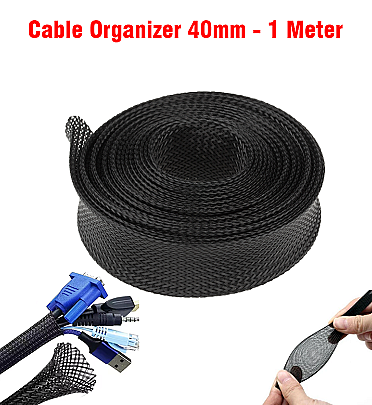 Cable Organizer (40mm) - 1meter Expandable Braided PET Black Cable Sleeve For Wires