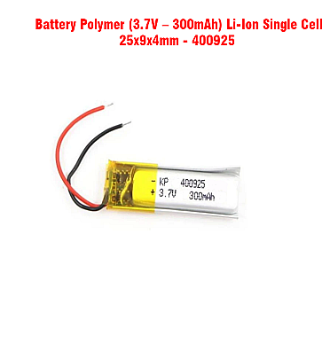 Battery Polymer (3.7V – 300mAh) Li-Ion Single Cell (25x9x4mm) 400925