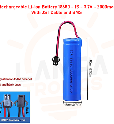 Rechargeable Li-ion Battery 18650 New - 1S (3.7V - 2000mah) With JST Cable and BMS