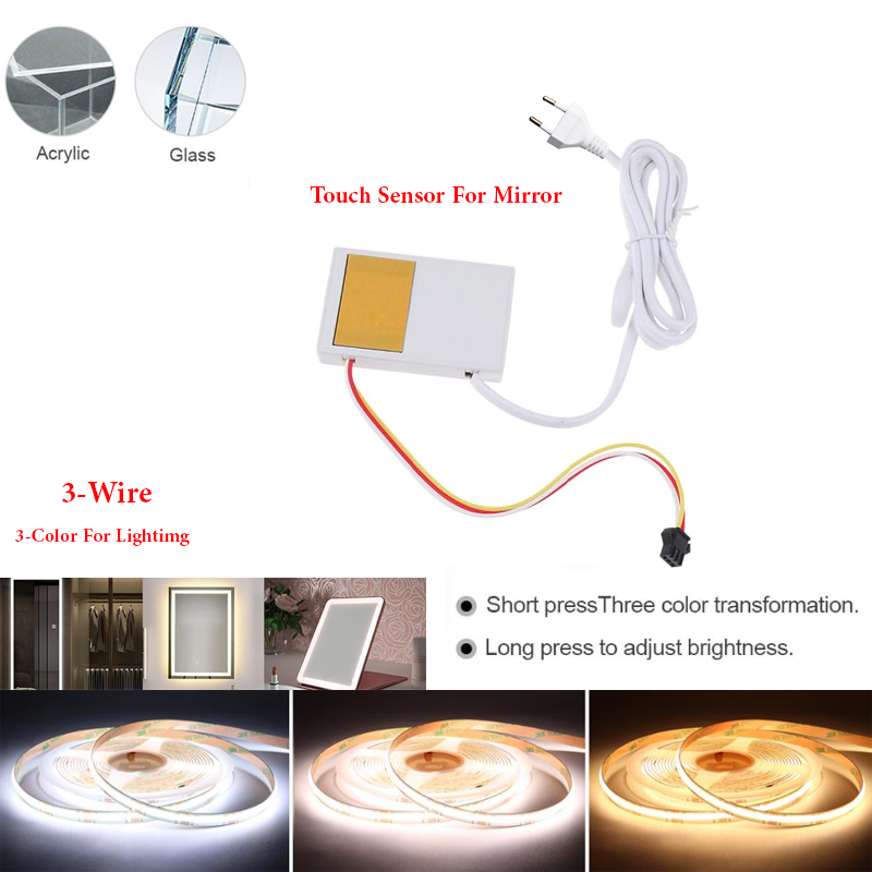 Three Color Led Light Mirror Touch Sensor ON/OFF Switch 220V -12W - For 1-5mm Glass/Acrylic/Mirror
