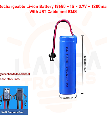 Rechargeable Li-ion Battery 18650 New - 1S (3.7V - 1200mah) With JST Cable and BMS