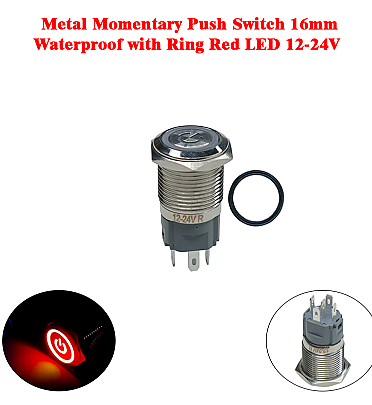 Metal Momentary Push Switch 16mm Waterproof with Ring Red LED 12-24V