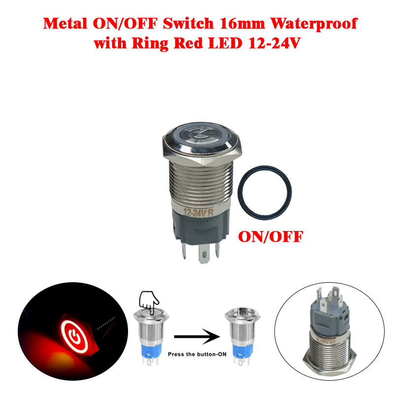 Metal ON/OFF Switch 16mm Waterproof with Ring Red LED 12-24V
