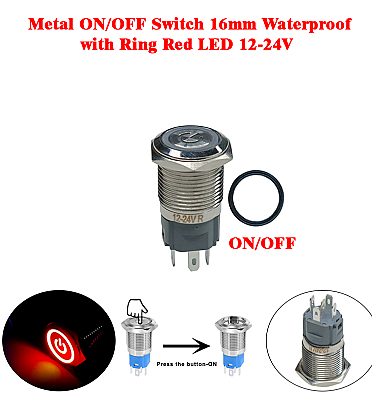 Metal ON/OFF Switch 16mm Waterproof with Ring Red LED 12-24V