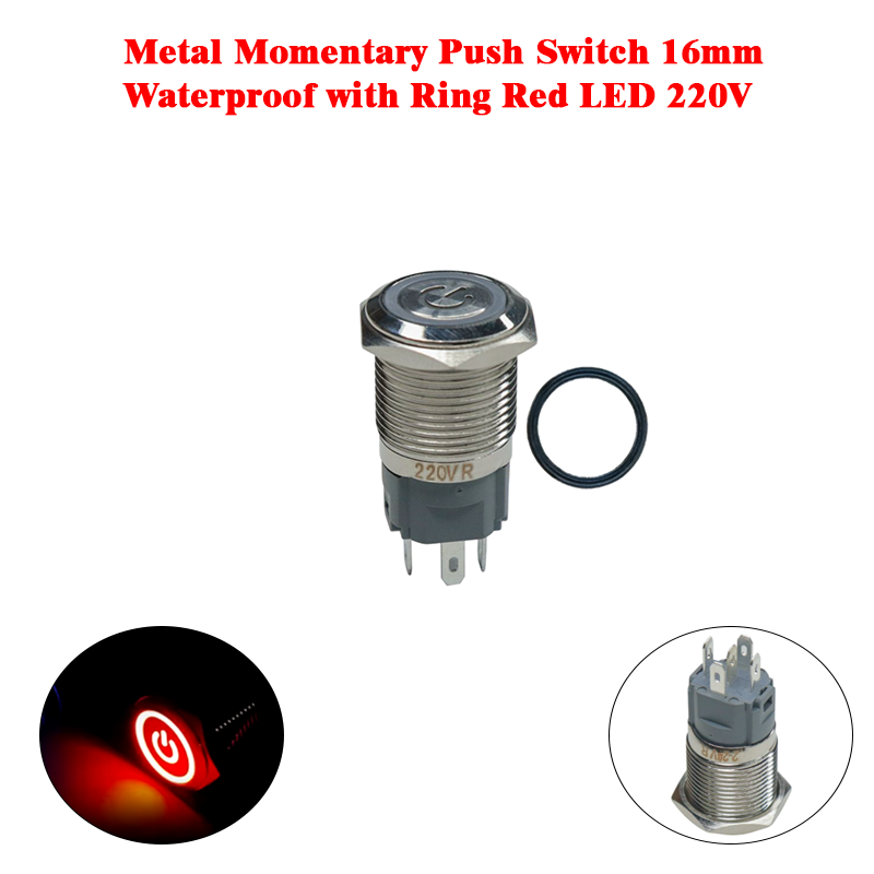 Metal Momentary Push Switch 16mm Waterproof with Ring Red LED 220V