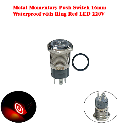 Metal Momentary Push Switch 16mm Waterproof with Ring Red LED 220V