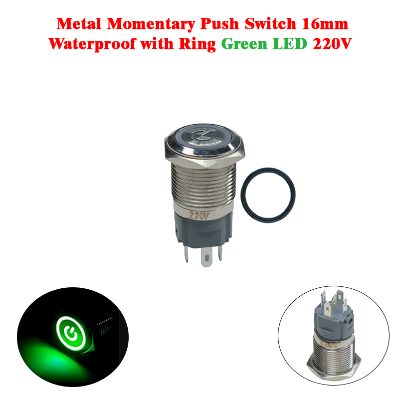 Metal Momentary Push Switch 16mm Waterproof with Ring Green LED 220V