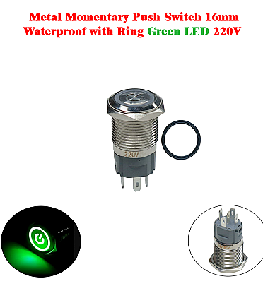 Metal Momentary Push Switch 16mm Waterproof with Ring Green LED 220V