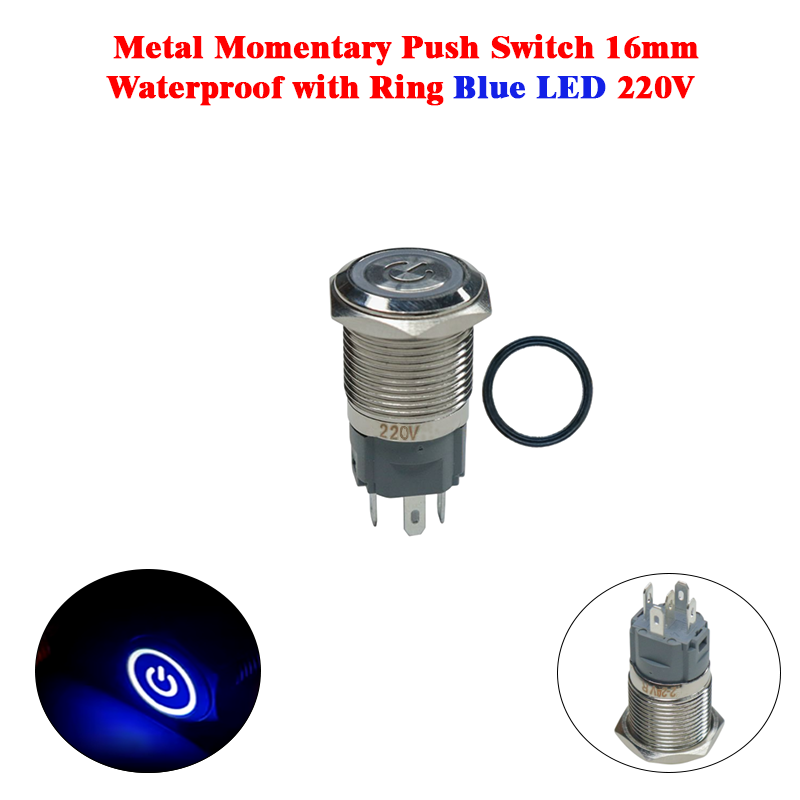 Metal Momentary Push Switch 16mm Waterproof with Ring Blue LED 220V