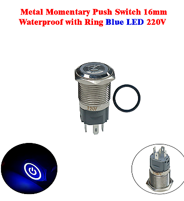 Metal Momentary Push Switch 16mm Waterproof with Ring Blue LED 220V