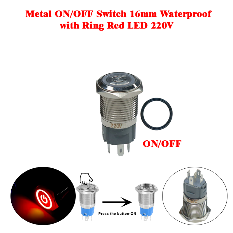 Metal ON/OFF Switch 16mm Waterproof with Ring Red LED 220V