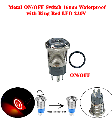 Metal ON/OFF Switch 16mm Waterproof with Ring Red LED 220V
