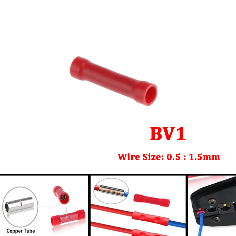 BV1 Insulated Crimp Terminal Red For Wires Straight Butt Connectors