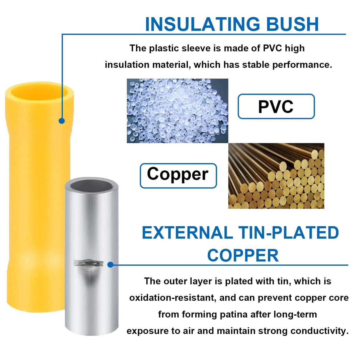 BV5.5 Insulated Crimp Terminal Yellow For Wires Straight Butt Connectors