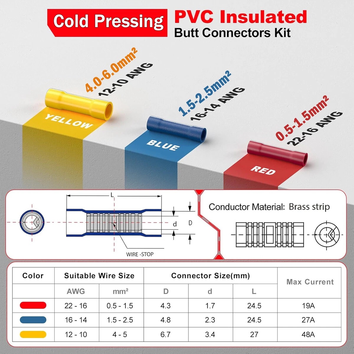 BV5.5 Insulated Crimp Terminal Yellow For Wires Straight Butt Connectors