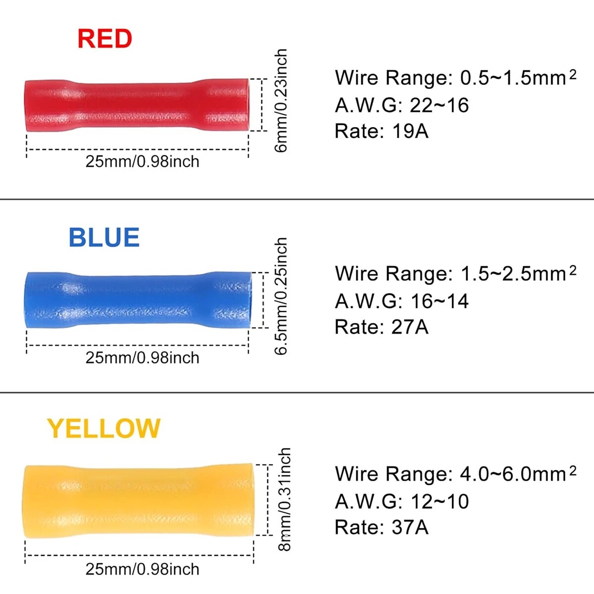 BV5.5 Insulated Crimp Terminal Yellow For Wires Straight Butt Connectors