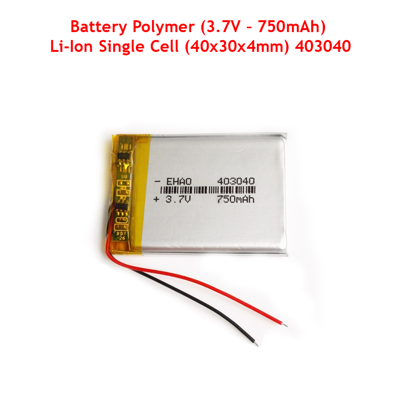 Battery Polymer (3.7V – 750mAh) Li-Ion Single Cell (40x30x4mm) 403040
