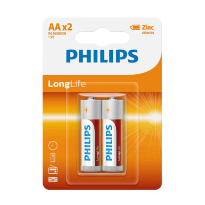 2Pcs Battery AA 1.5V –  PHILIPS R6L2B Long Life Zinc Battery