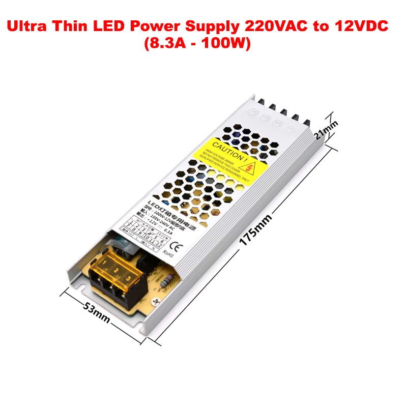 Ultra Thin LED Power Supply 220VAC to 12VDC (8.3A - 100W)