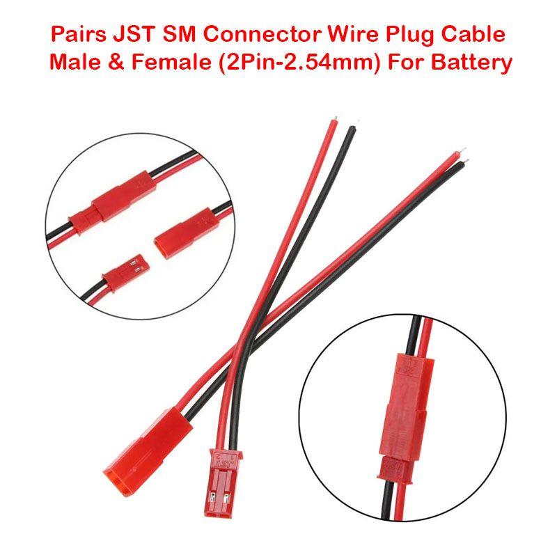 Pairs JST SM Connector Wire Plug Cable Male & Female (2Pin-2.54mm) For Battery