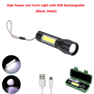 High Power Led Torch Light with USB Rechargeable (Black, Metal)
