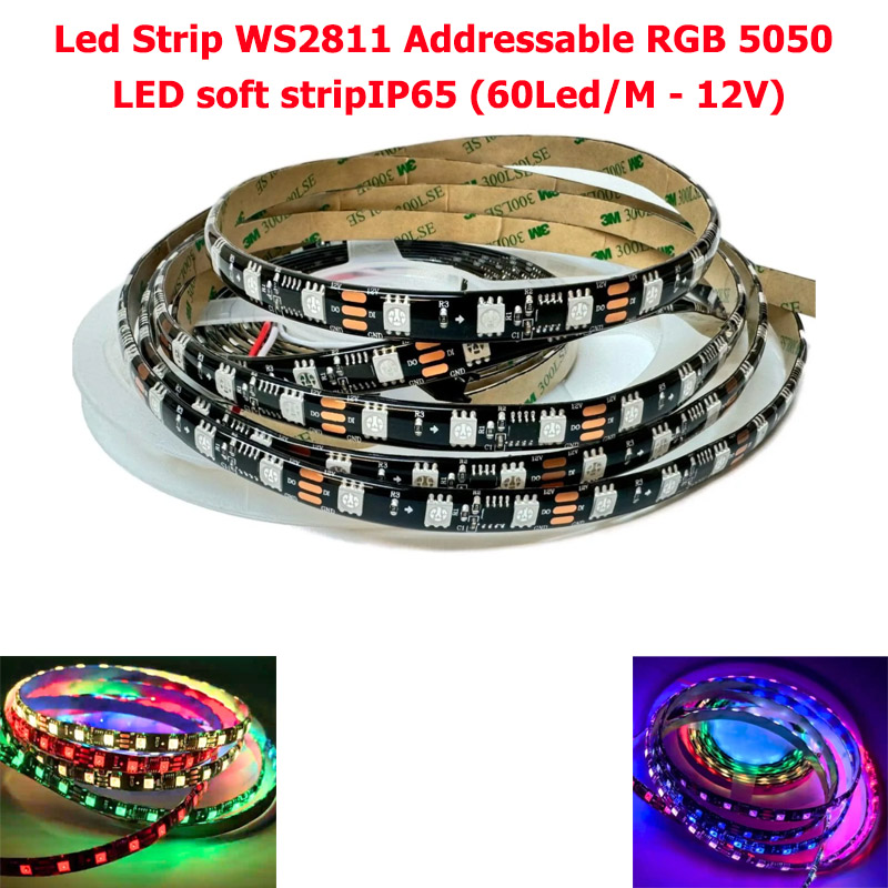 Led Strip WS2811 Programmed Addressable RGB 5050 LED soft strip WaterProof IP65 (60Led/M - 12V)