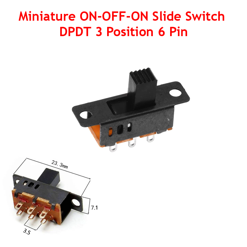 Miniature ON-OFF-ON Slide Switch DPDT 3 Position 6 Pin