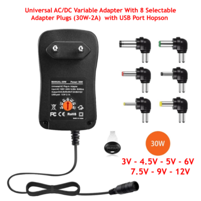 Universal AC/DC Variable Adapter With 8 Selectable Adapter Plugs (30W-2A)  with USB Port Hopson